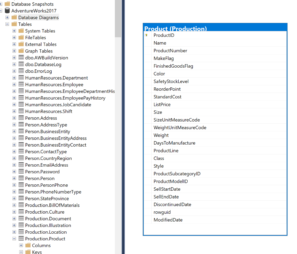 + Database Snapshots AdventureWorks2017 Database Diagrams Tables + System Tables + File Tables + External Tables Graph Tables