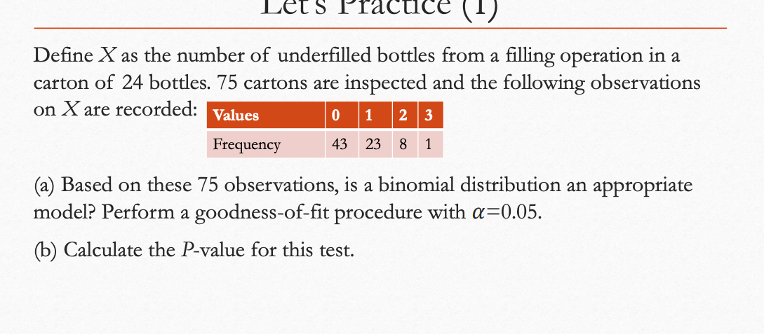 Define \( X \) as the number of underfilled bottles from a filling operation in a carton of 24 bottles. 75 cartons are inspec