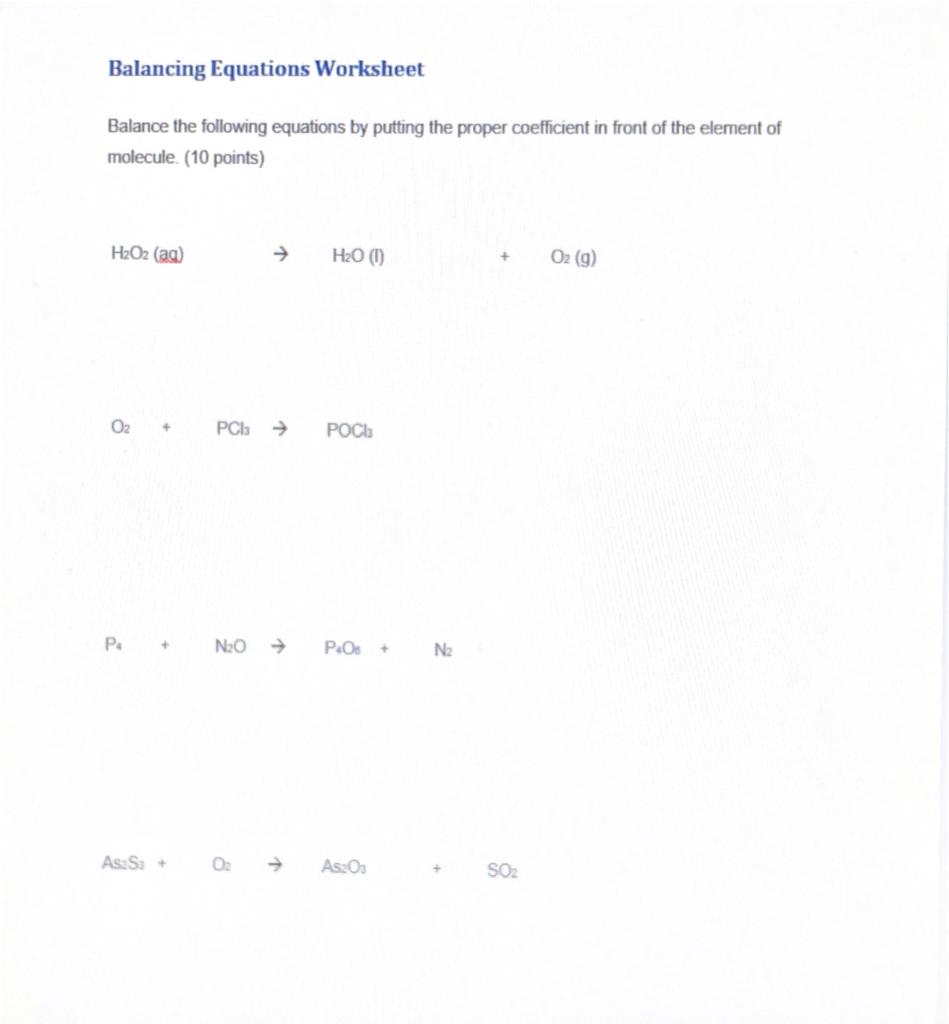 Solved Balancing Equations Worksheet Balance the following | Chegg.com