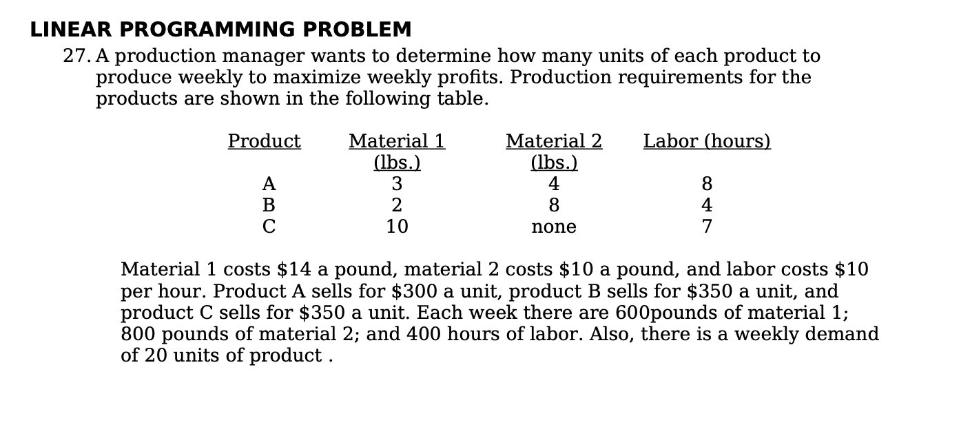Solved LINEAR PROGRAMMING PROBLEM 27. A production manager | Chegg.com