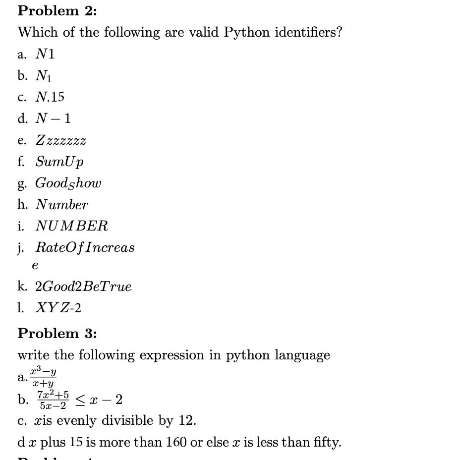 Solved Problem 2: Which of the following are valid Python | Chegg.com