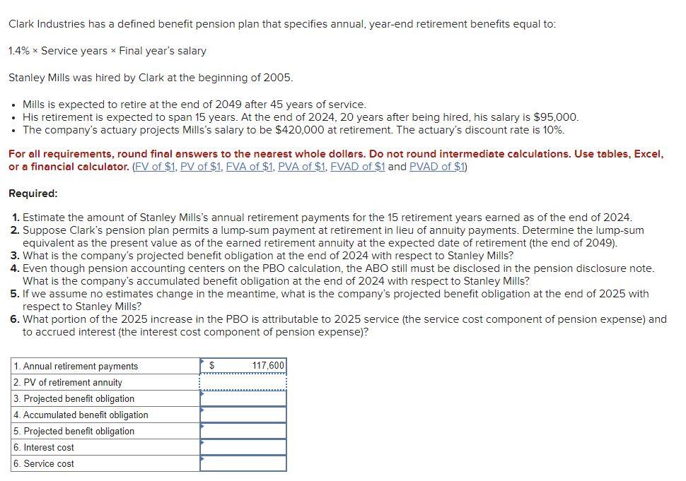 Clark Industries has a defined benefit pension plan | Chegg.com