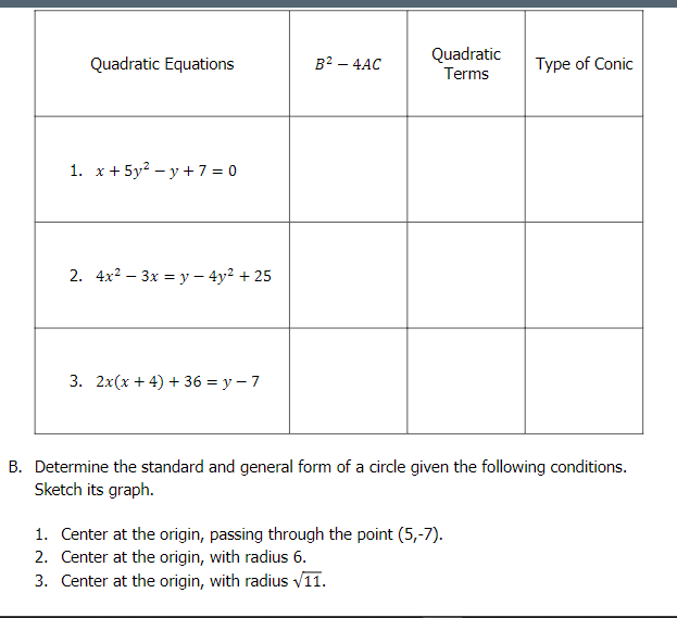 Solved Quadratic Equations B2 - 4AC Quadratic Terms Type of | Chegg.com