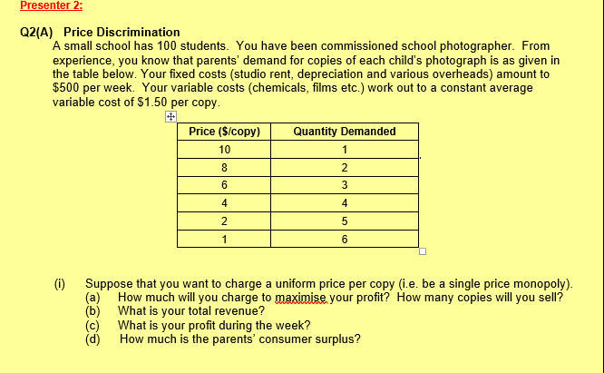 Solved Presenter 2 Q2 A Price Discrimination A Small Sc