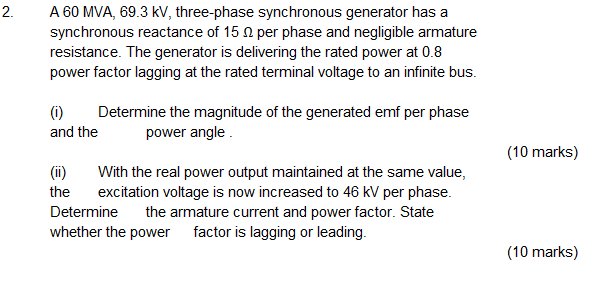 Solved 2 A 60 Mva 693 Kv Three Phase Synchronous 7169