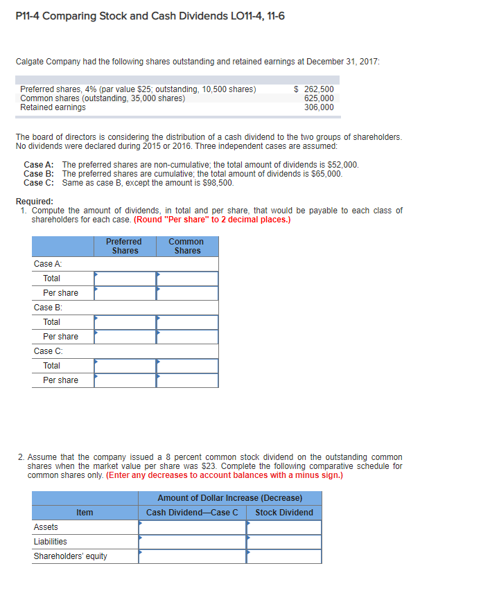 Solved P11-4 Comparing Stock And Cash Dividends LO11-4, 11-6 | Chegg.com