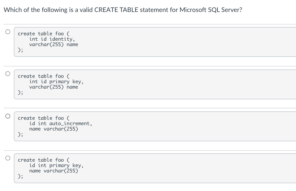Solved Which of the following is a valid CREATE TABLE | Chegg.com