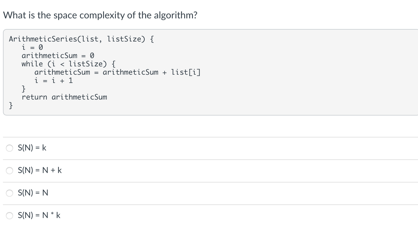 Solved What is the space complexity of the algorithm? | Chegg.com