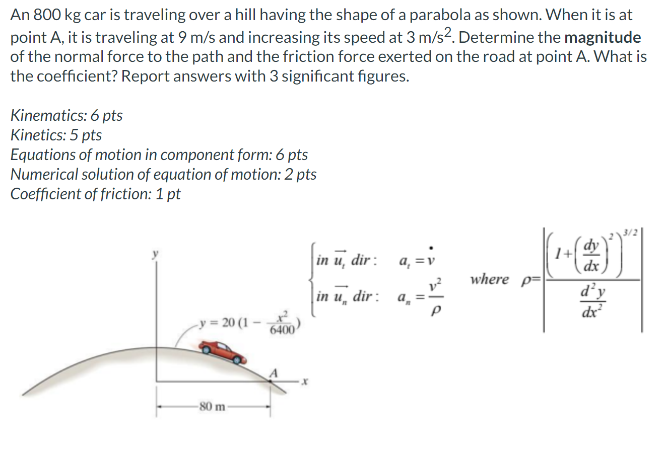 An \( 800 \mathrm{~kg} \) car is traveling over a hill having the shape of a parabola as shown. When it is at point \( A \),