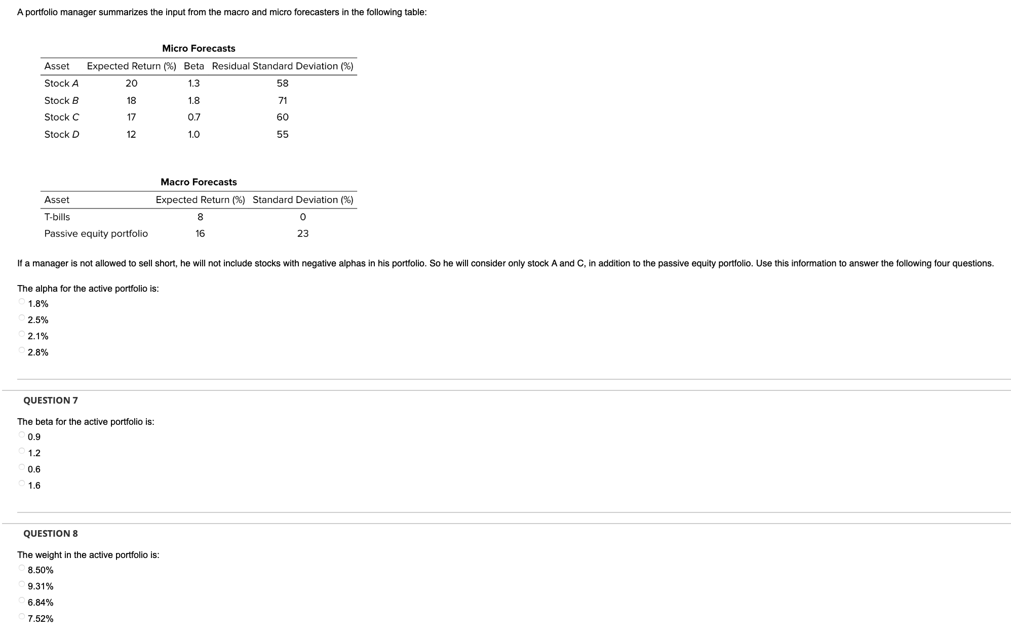 Solved A Portfolio Manager Summarizes The Input From The | Chegg.com