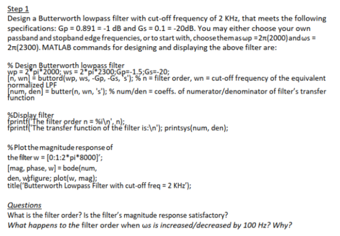 Step 1 Design a Butterworth lowpass filter with | Chegg.com