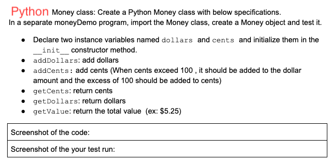 Solved Python Money class: Create a Python Money class with | Chegg.com