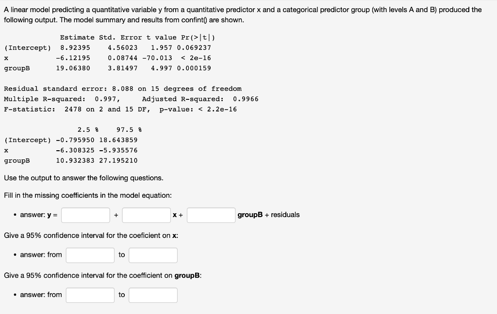 Solved A linear model predicting a quantitative variable y | Chegg.com