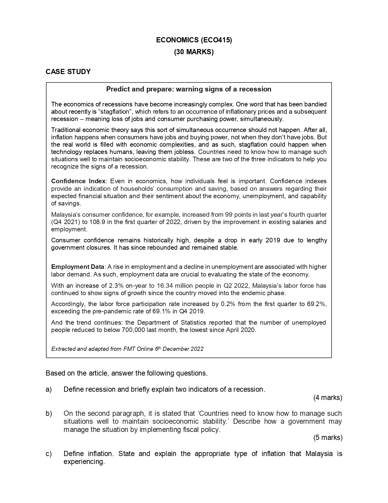 Solved ECONOMICS (ECO415) (30 MARKS) CASE STUDY Predict and | Chegg.com