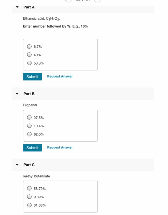Solved PartA Ethanoic acid, C2H402 Enter number followed by | Chegg.com