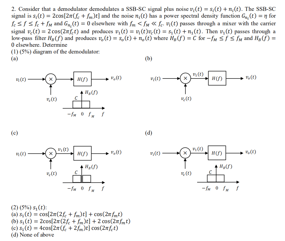 Solved 2. Consider that a demodulator demodulates a SSB-SC | Chegg.com