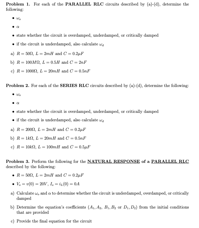 Solved Problem 1. For each of the PARALLEL RLC circuits | Chegg.com