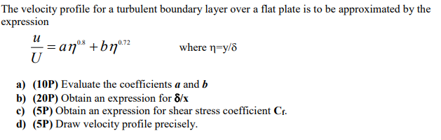 Solved The velocity profile for a turbulent boundary layer | Chegg.com