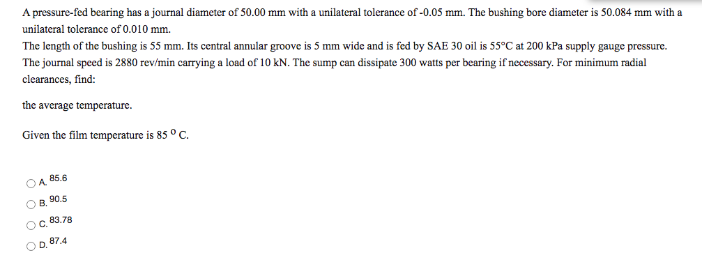 Solved A Pressure-fed Bearing Has A Journal Diameter Of 