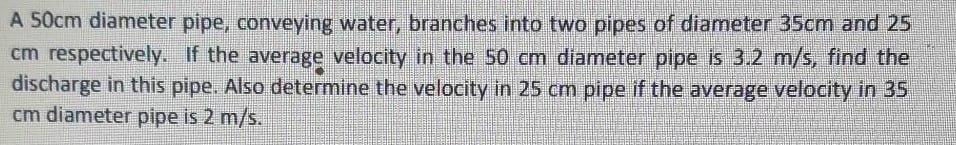 Solved A 50 Cm Diameter Pipe, Conveying Water, Branches Into | Chegg.com