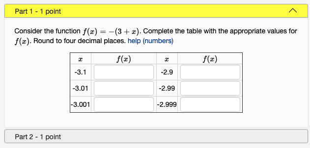 Solved Part 1 - 1 point Consider the function f(x) = -(3 + | Chegg.com