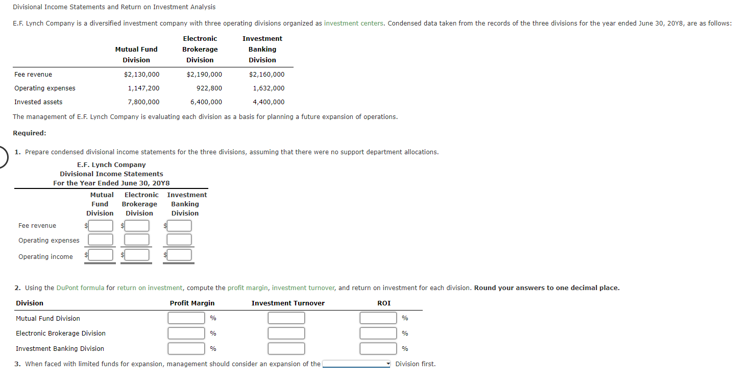 Solved Divisional Income Statements and Return on Investment | Chegg.com