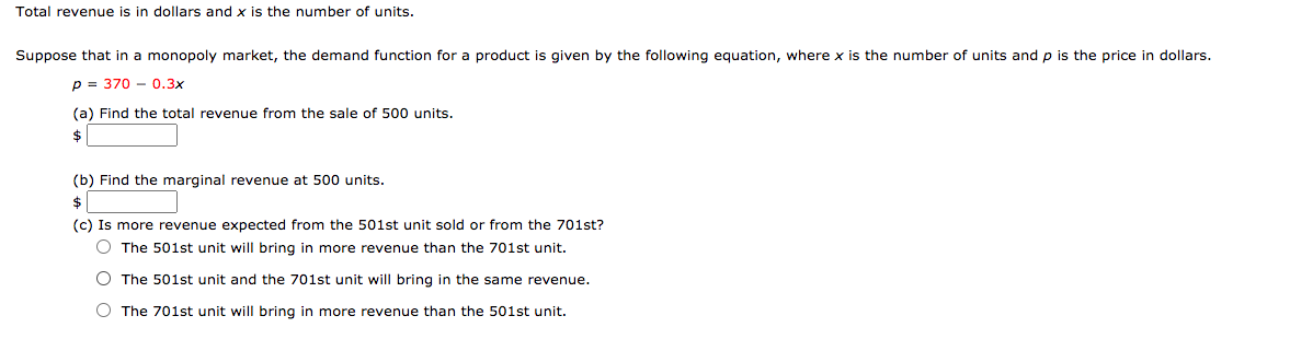 Solved Total revenue is in dollars and x is the number of | Chegg.com
