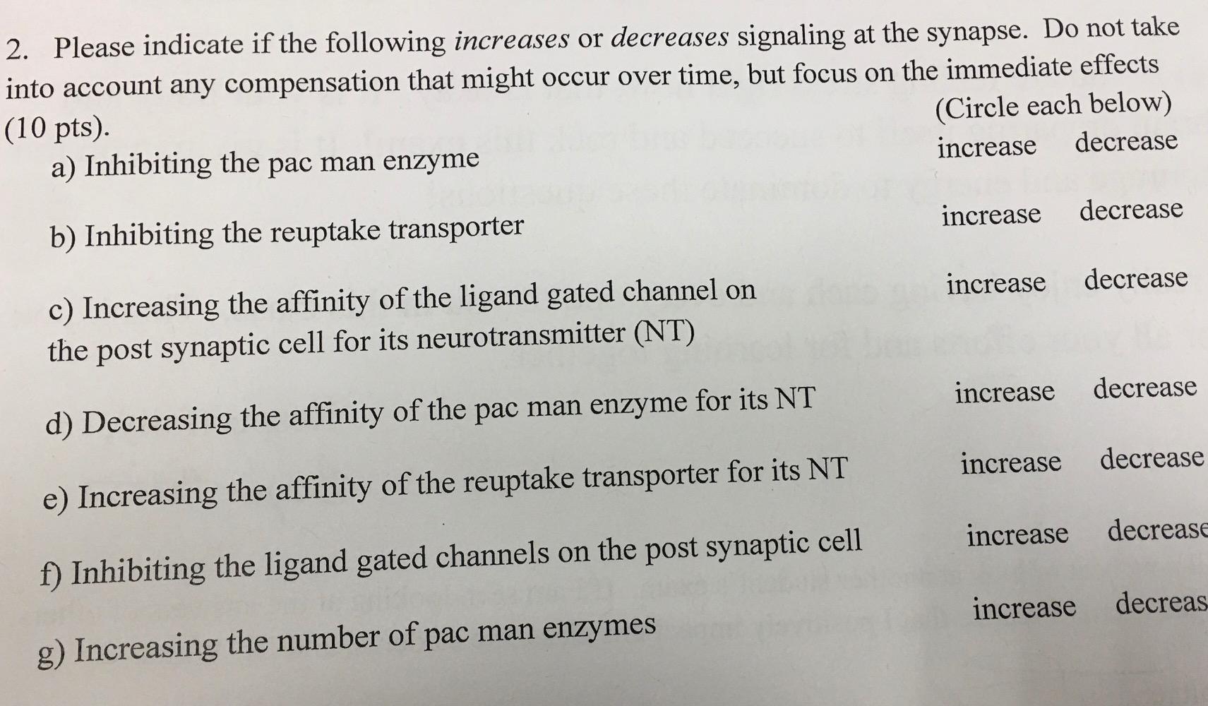 Solved 2. Please indicate if the following increases or | Chegg.com