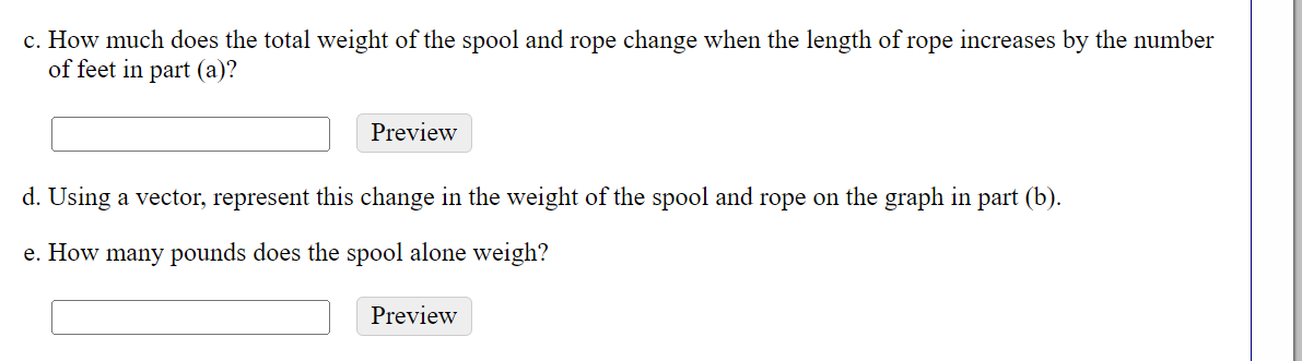 c. How much does the total weight of the spool and rope change when the length of rope increases by the number of feet in par