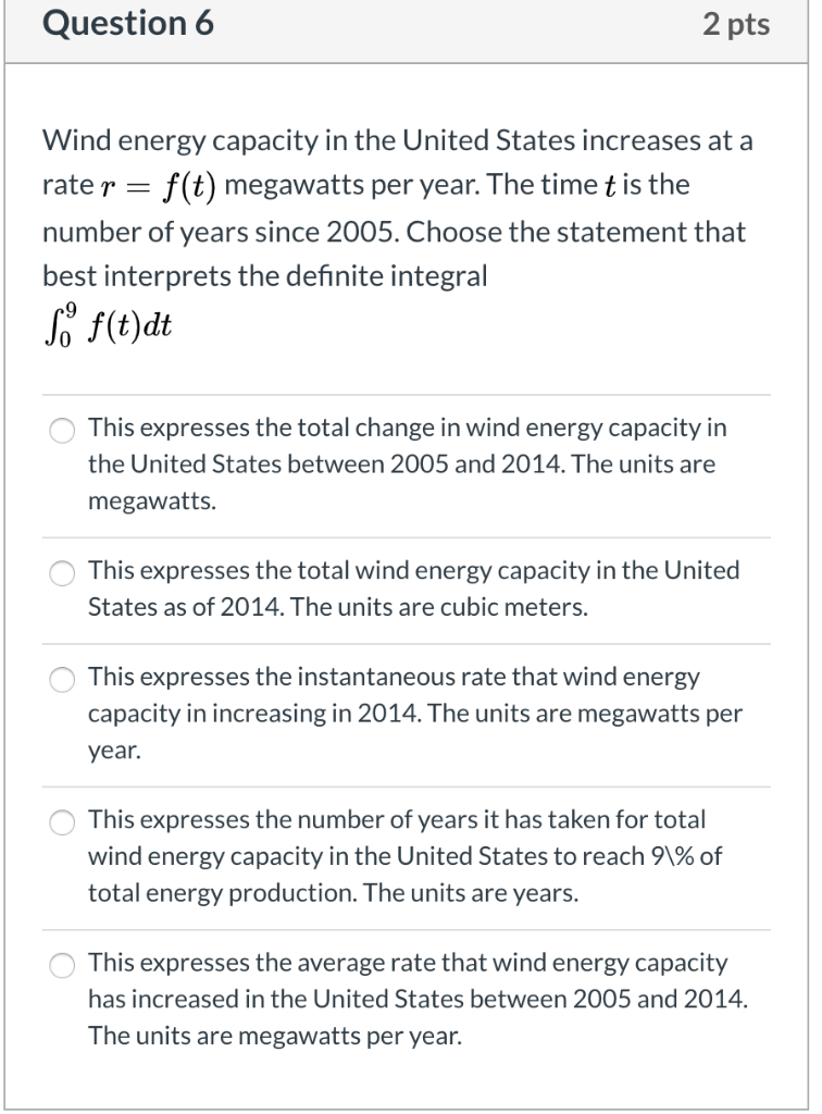 Solved Question 6 2 pts Wind energy capacity in the United