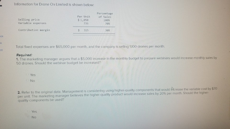 Solved Information for Drone On Limited is shown below