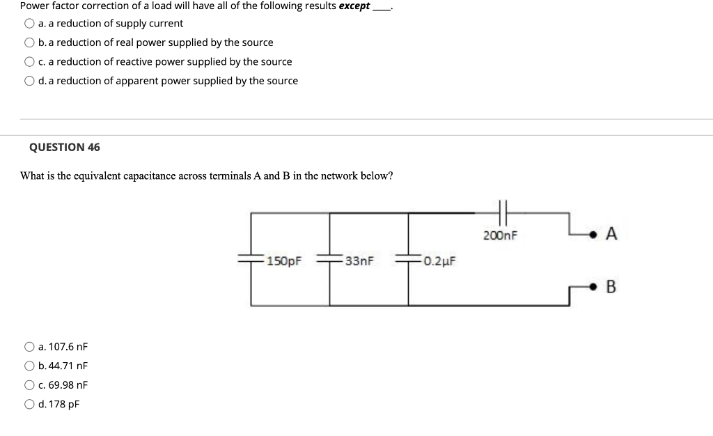 Solved Power factor correction of a load will have all of | Chegg.com