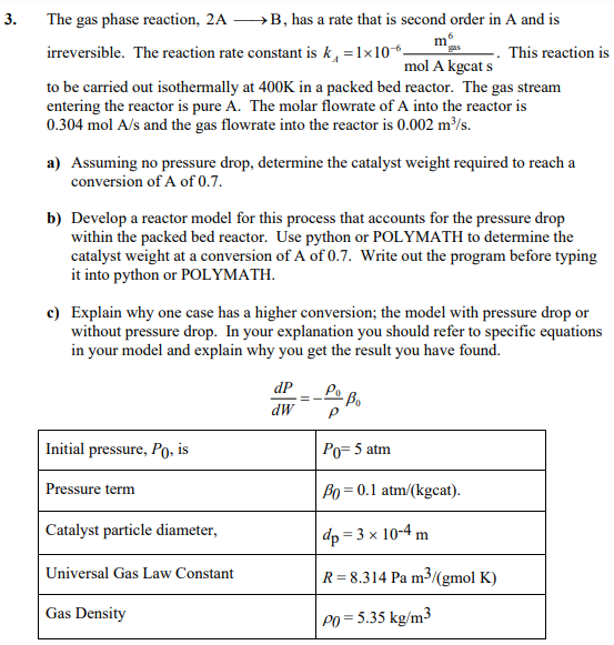 Solved 3. The gas phase reaction, 2A —B, has a rate that is | Chegg.com
