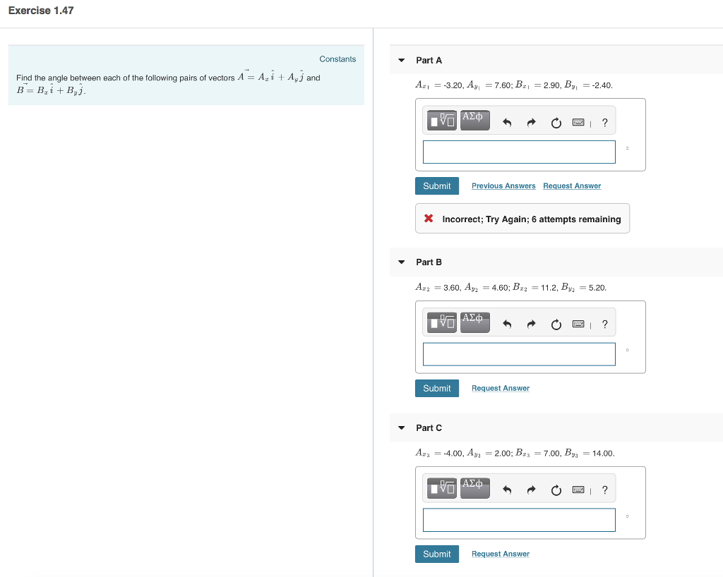 Solved Exercise 1.47 Constants Part A Find the angle between | Chegg.com