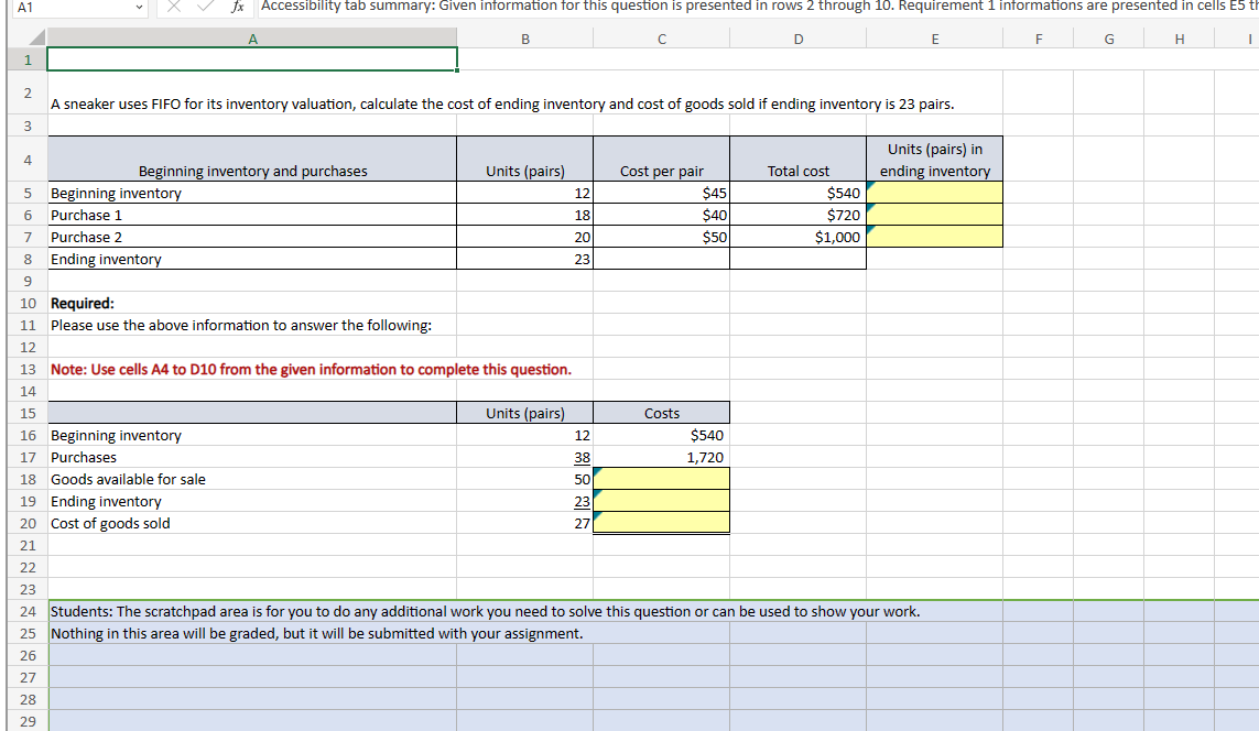 Solved A1 Accessibility tab summary Given information for Chegg