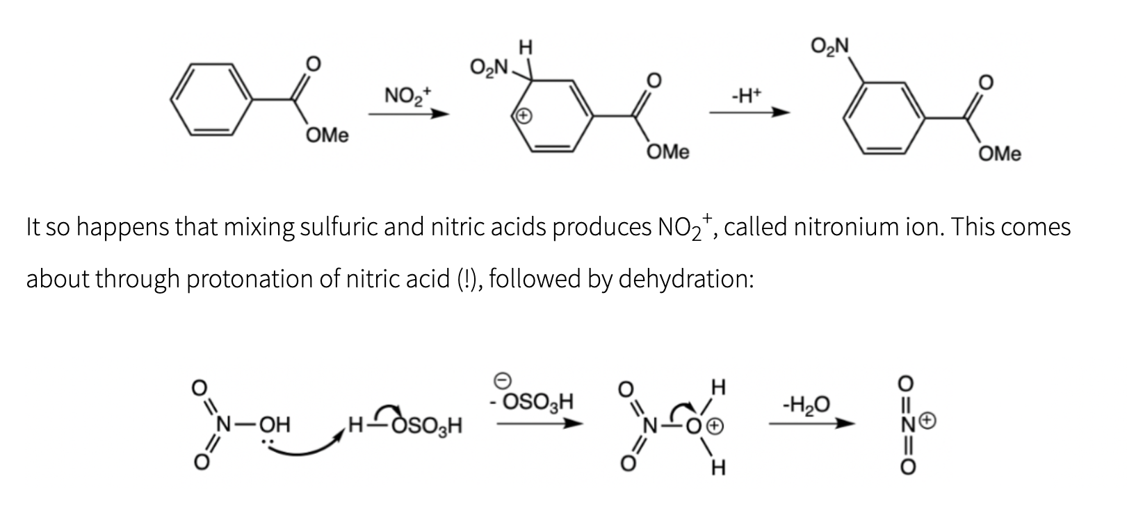 \( \stackrel{-\mathrm{H}^{+}}{\longrightarrow} \)
It so happens that mixing sulfuric and nitric acids produces \( \mathrm{NO}