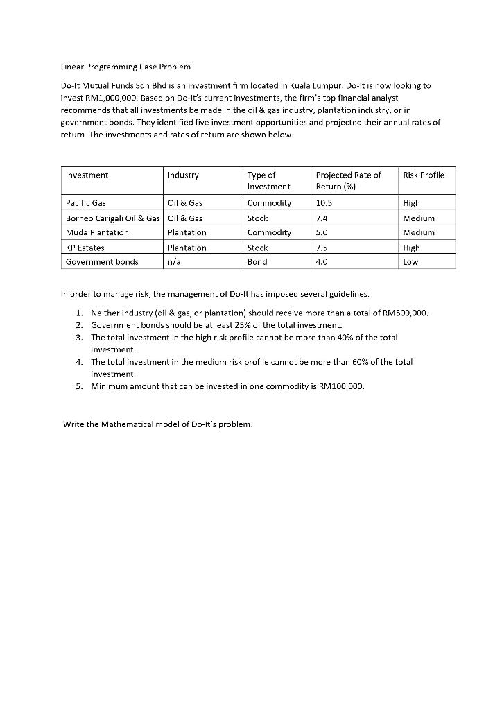 Solved Linear Programming Case Problem Do-It Mutual Funds | Chegg.com