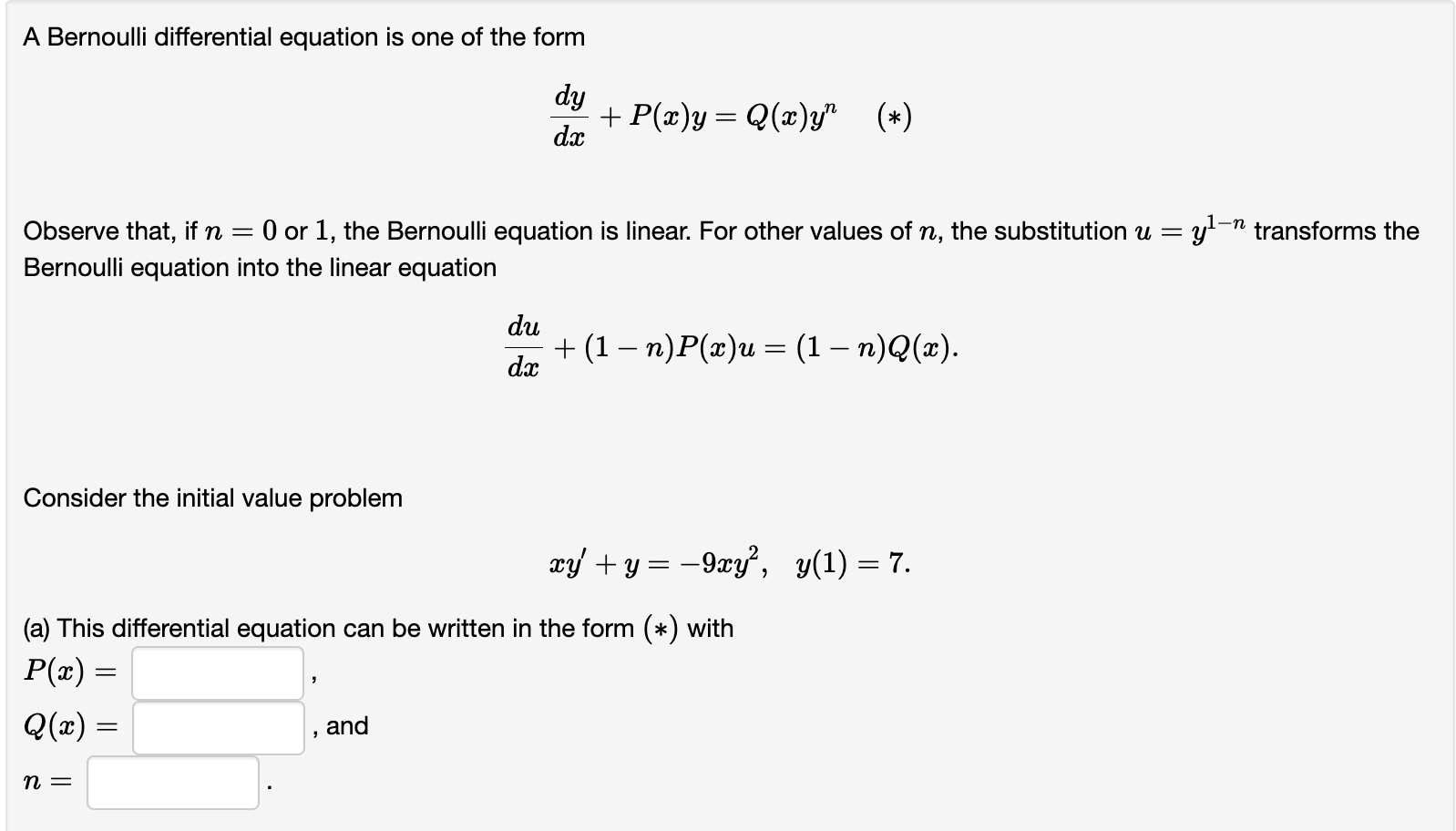 Solved A Bernoulli Differential Equation Is One Of The Form