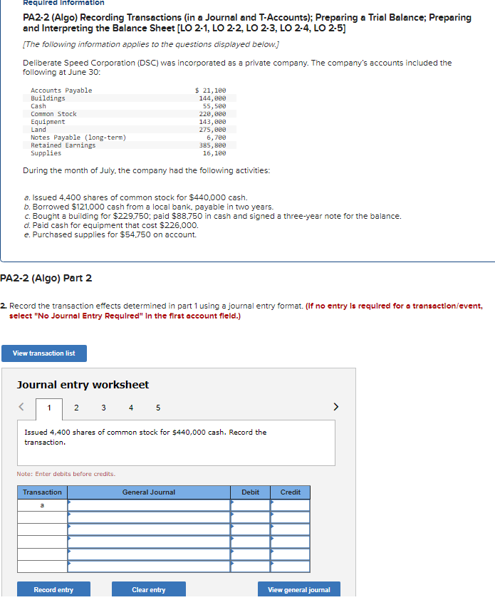 Solved PA22 (Algo) Recording Transactions (in a Journal and