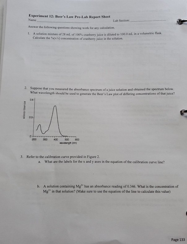 Solved Experiment 12 Beer's Law PreLab Report Sheet Name