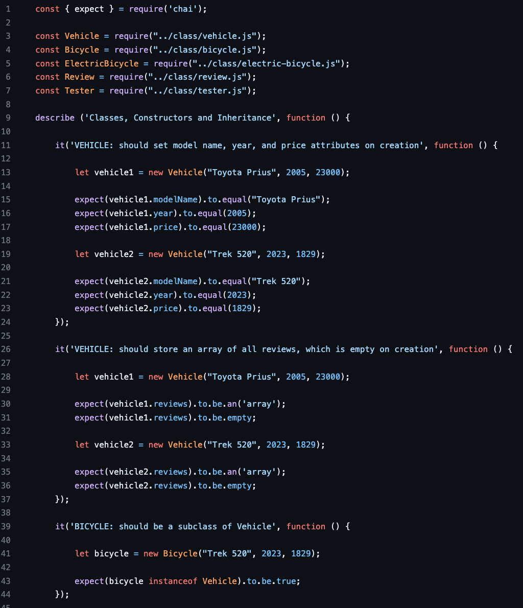 const \( \{ \) expect \( \}= \) require(chai);
const Vehicle \( = \) require(../class/vehicle. js);
const Bicycle \( = \)