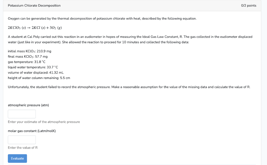 Solved Potassium Chlorate Decomposition 0 2 Points Oxygen 