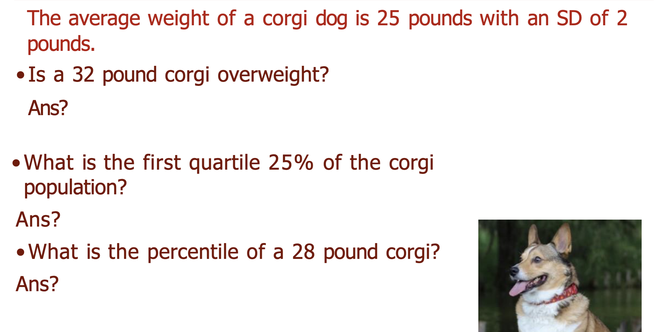 Solved The average weight of a dog is 25 pounds with