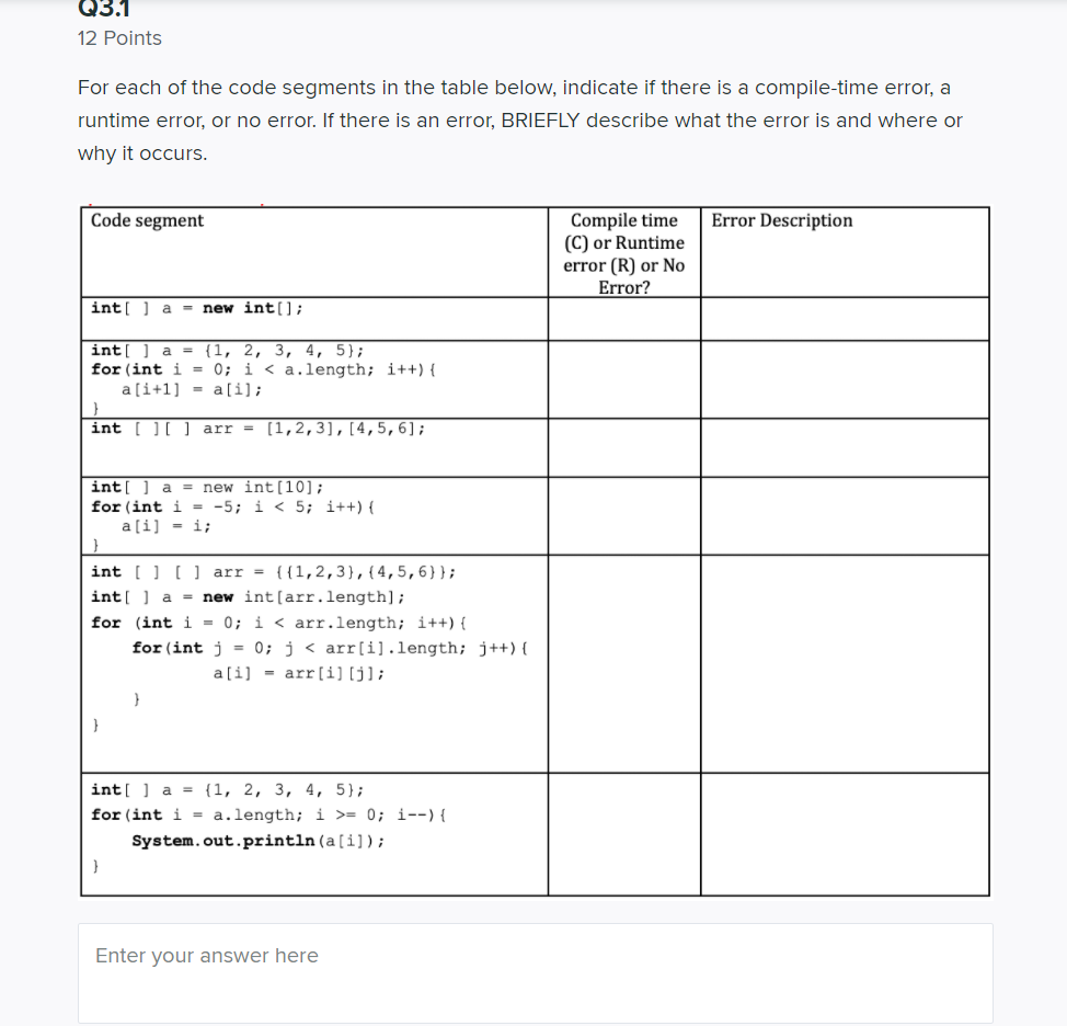 Solved Q3.1 12 Points For each of the code segments in the | Chegg.com