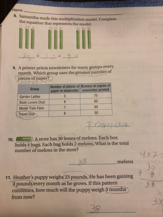 Solved Name 8. Samantha made this multiplication model. | Chegg.com