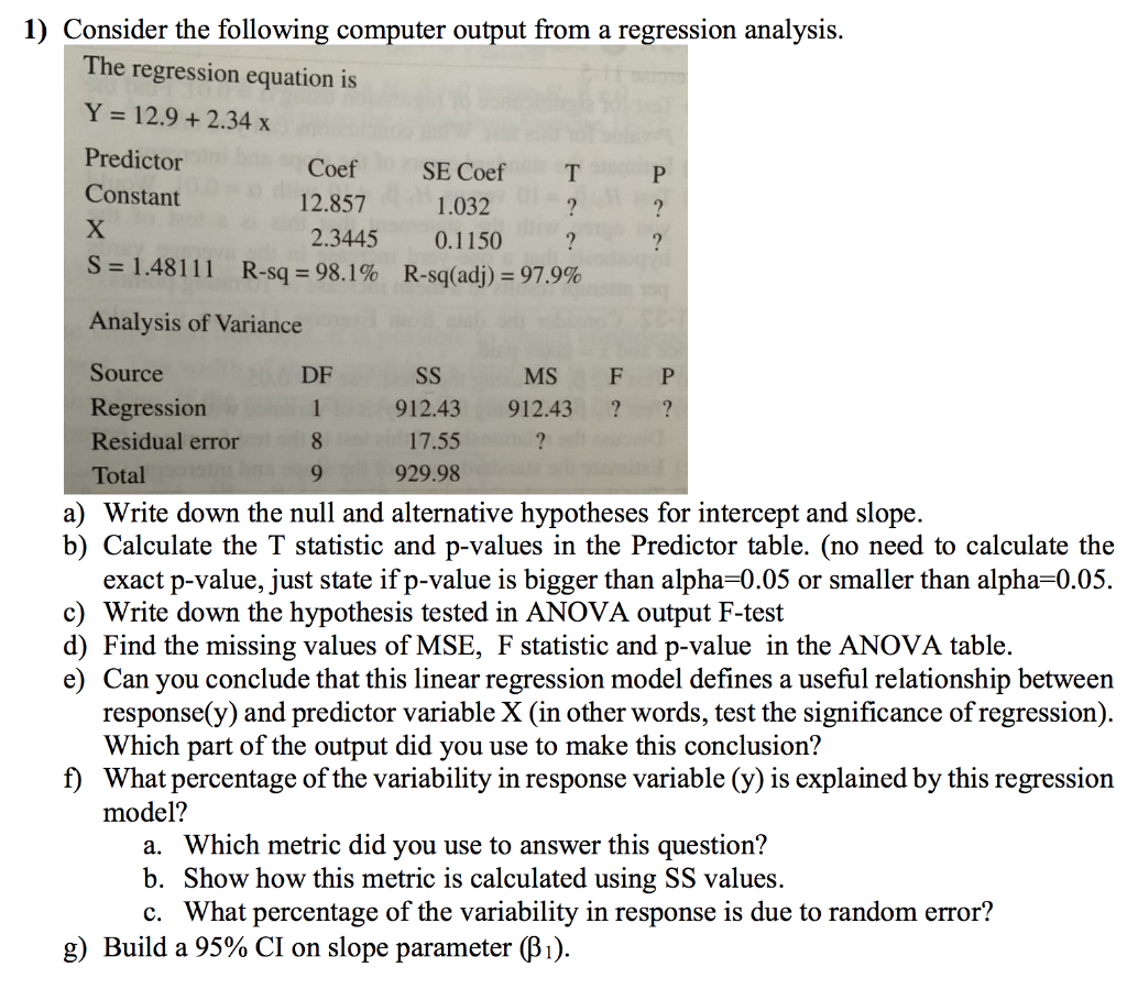 Solved 1) Consider the following computer output from a | Chegg.com