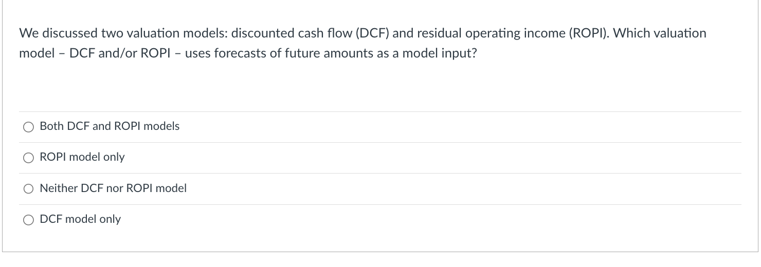 Solved We discussed two valuation models: discounted cash | Chegg.com