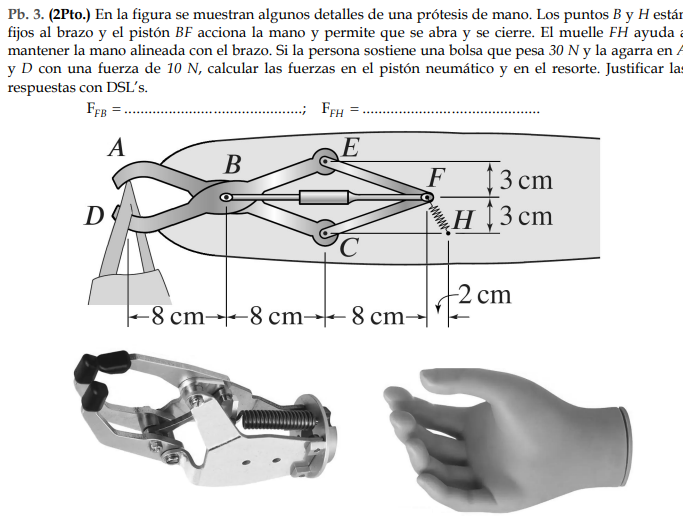 Pb. 3. (2Pto.) En la figura se muestran algunos detalles de una prótesis de mano. Los puntos \( B \) y \( H \) estár fijos al