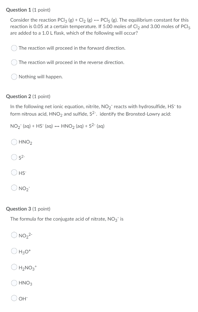 Solved Question 1 (1 Point) Consider The Reaction PC13 (g) + | Chegg.com