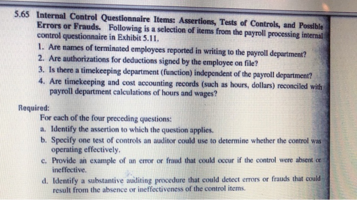 Solved 5.65 Internal Control Questionnaire Items: | Chegg.com